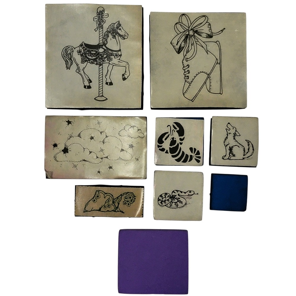 VTG Foam Rubber Stamp Lot 9 Pc Carousel Horse Wolf Lobster Snake Clouds Turtle‎